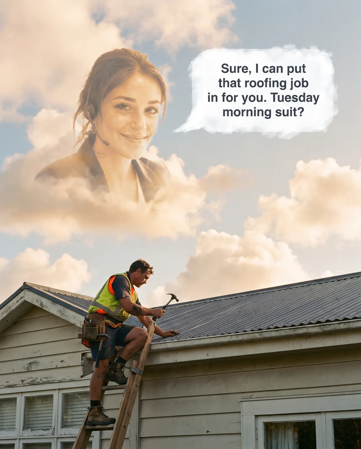 A roofer keeps working on a roof while Jessie, pictured in the clouds above with her headset, answers his phone and offers the caller a Tuesday morning booking.